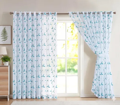 Vista 19 de Cortinas LinenZone de piso a techo para ventanas extra anchas. Cortinas transparentes blancas para divisores de habitación con bordado de hojas rosa