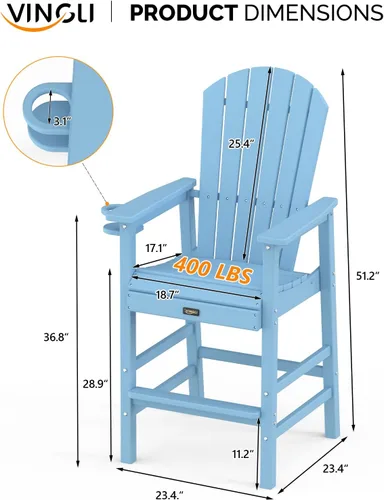 Vista 3 de VINGLI Silla Adirondack alta, silla Adirondack de plástico para todo tipo de clima con portavasos, taburetes de bar resistentes para exteriores Azul
