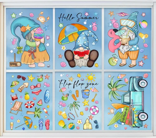 Vista 2 de AnyDesign 109 calcomanías de PVC reutilizables para ventana de verano con diseño de gnomos tropicales de Hello Summer para ventana de camión