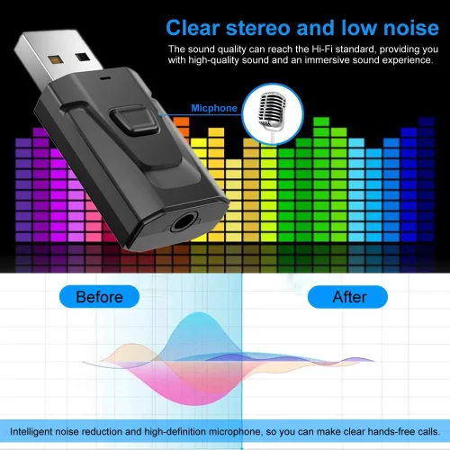 Vista 4 de Adaptador auxiliar Bluetooth para automóvil, receptor de música estéreo inalámbrico 5.0 con cancelación de ruido, kits de automóvil manos libres