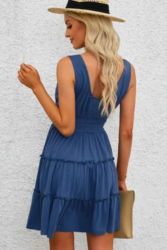 Vista 8 de Dokotoo Vestidos de verano para mujer, sin mangas, con botones, cintura elástica, volantes, escalonados, casual, con vuelo, mini vestido