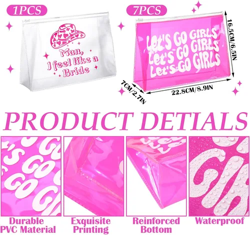 Vista 2 de Layhit 8 bolsas de maquillaje de despedida de soltera de color rosa con texto en inglés "Let's Go", suministros de decoración para niñas, retro