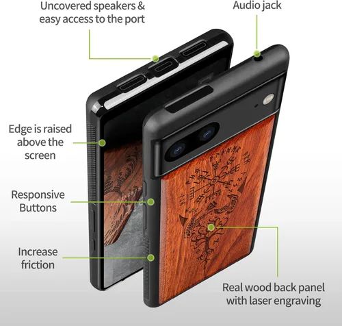 Vista 6 de Carveit Funda de madera para Pixel 7 [madera natural y TPU suave negro] a prueba de golpes, funda de madera única y elegante compatible con Google