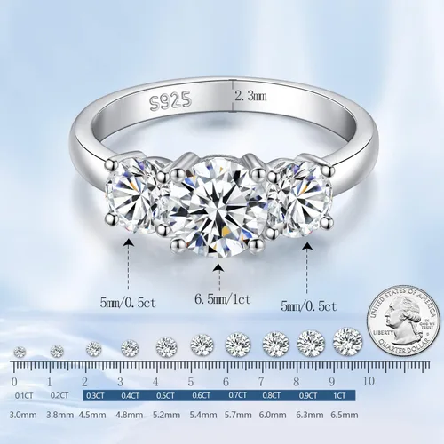 Vista 4 de YODEWA - Anillo de compromiso para mujer con 3 brillantes gemas de moissanita de corte redondo montadas en plata de ley