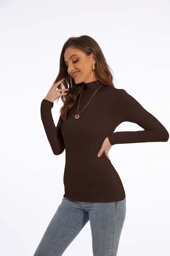 Vista 18 de Zephyrine Camisa ligera de manga larga para mujer, cuello alto, ligera, ajustada, capa base