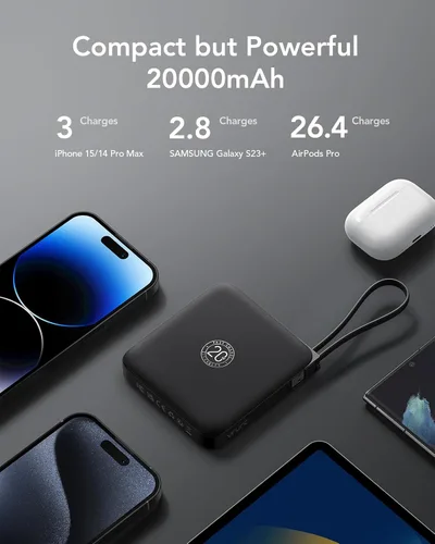 Vista 5 de VRURC Cargador portátil de 20000 mAh de carga rápida de 20 W con 4 cables incorporados Travel Essentials, batería externa para iPhone serie