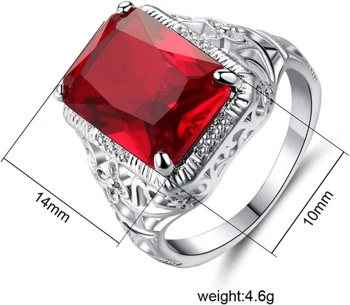 Vista 2 de Anillo de compromiso de rubí vintage de simulación rojo de plata tailandesa de gran quilate con patrón de flor simple cuadrado anillo de compromiso