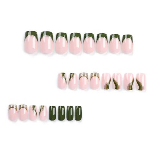 Vista 5 de Uñas postizas verdes a presión - Uñas falsas cortas cuadradas con purpurina dorada y diseños de remolino, acabado brillante, uñas postizas acrílicas