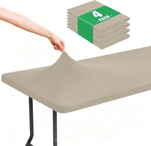 Vista 18 de Moosfor Paquete de 4 manteles rectangulares de elastano de 4 pies, elásticos y ajustables para pícnic, elásticos y lavables, para exteriores, Beige