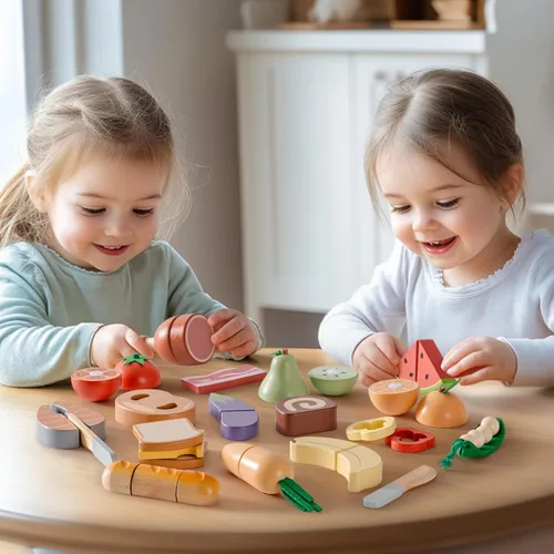 Vista 7 de ROBOTIME Juego de comida de madera 4 en 1, juego de juguete de simulación para jugar cocina con bolsa de compras, accesorios de cocina para niños