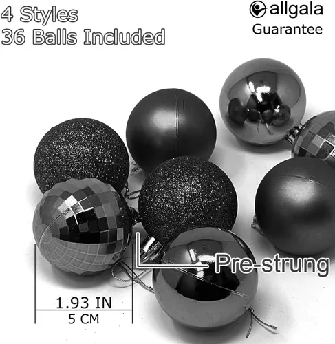 Vista 3 de Allgala - Paquete de 36 esferas de adorno de Navidad de 5 cm para árbol de Navidad, 4 estilos, color negro, pre-ensartadas, a prueba de roturas