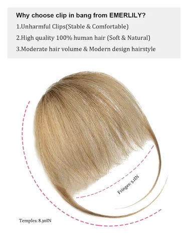 Vista 2 de Extensiones de cabello humano con clip, de cara frontal plana, flequillo, con sienes, rubio oscuro, suave, piezas de cabello humano real para mujer