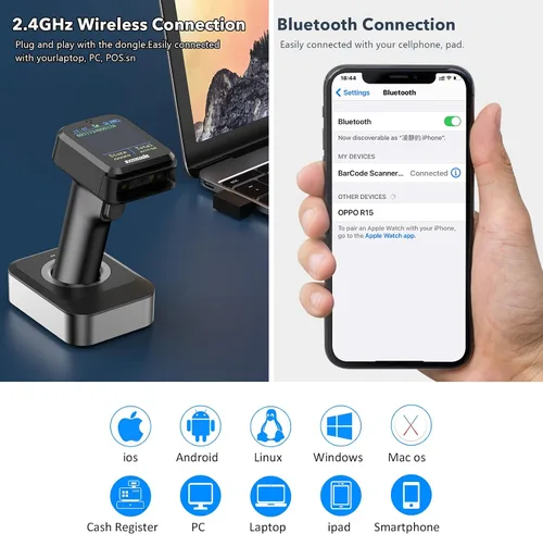 Vista 3 de Symcode Pro 1D 2D QR Escáner de código de barras inalámbrico con pantalla de visualización Indicador de nivel de batería Pantalla de tiempo funciona
