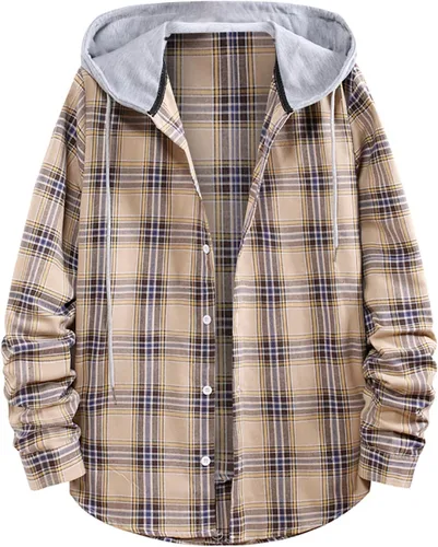 Vista 22 de Aymnlox Sudaderas con capucha para hombre, de manga larga, a cuadros, con botones, con capucha, casual, elegante, con cordón, 2024 #A01-Red