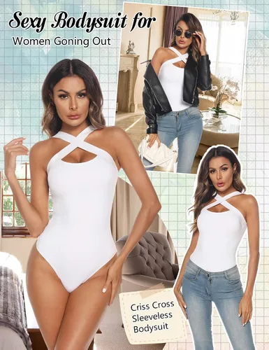 Vista 5 de Quzzion Body sexy para mujer cuello halter cruzado sin mangas doble forro overol