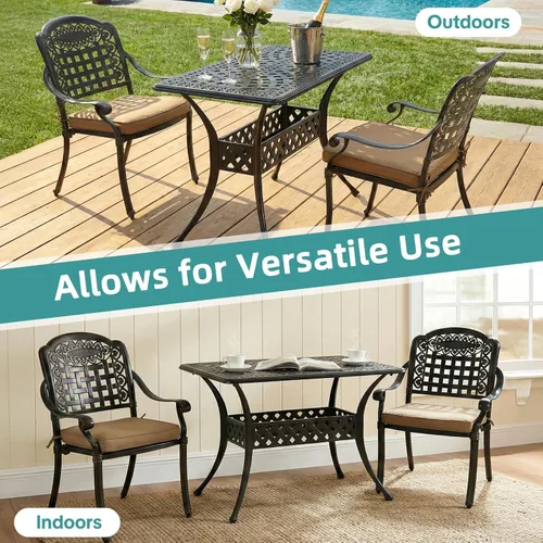 Vista 7 de MEETWARM Juego de 3 piezas de muebles de comedor de aluminio fundido para todo tipo de clima, incluye 2 sillas acolchadas y una mesa rectangular