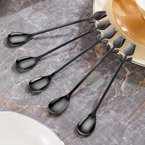 Vista 5 de Juego de 12 mini cucharas de café con mango de tulipán negro/rosa, acero inoxidable de 6 pulgadas para expreso, té, postre, ideal para demitasse