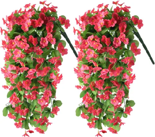 Vista 11 de Flores artificiales colgantes falsas para decoración de otoño al aire libre, 2 piezas de seda sintética violeta, aspecto resistente a los rayos UV A