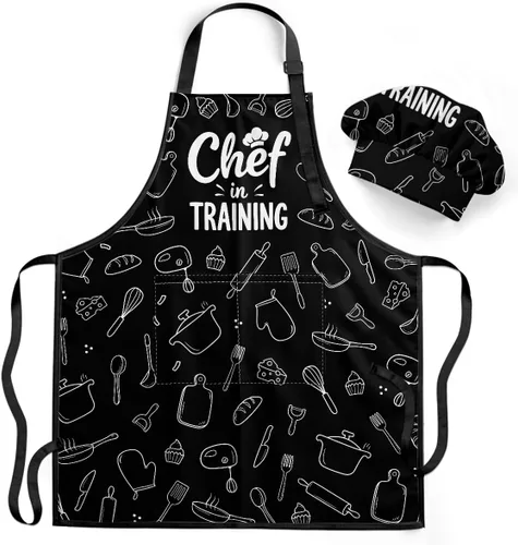 Vista 12 de SANDJEST Juego de delantal para niños con gorro de chef, regalos de delantal de cocina Alfabeto