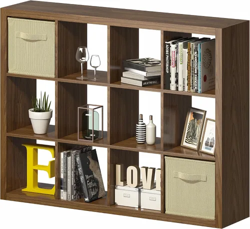Vista 21 de Estantería con contenedor de almacenamiento, organizador de almacenamiento de 6 cubos, estantería abierta de madera moderna, estante de cubículos