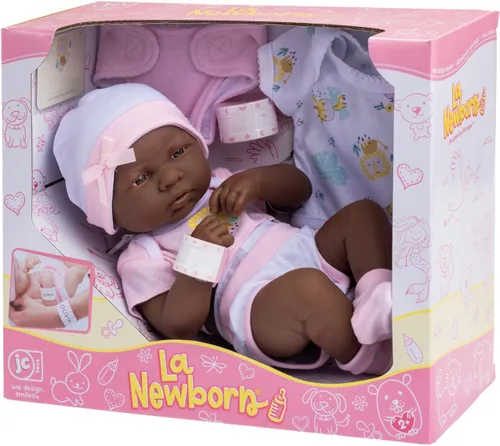 Vista 5 de JC Toys - Juego de regalo de 8 piezas de muñeca bebé Layette La Newborn Nursery Muñeca recién nacida afroamericana realista de 14 pulgadas