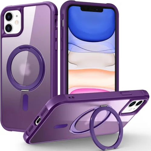 Vista 42 de Funda para iPhone 11 con soporte de anillo magnético giratorio de 360° [compatible con Mag-Safe] [Protección de grado militar] Funda translúcida