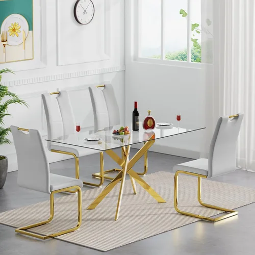 Vista 11 de Juego de mesa de comedor de cristal de 5 piezas para 4, moderno juego de mesa de cocina rectangular de vidrio templado transparente de 51.18