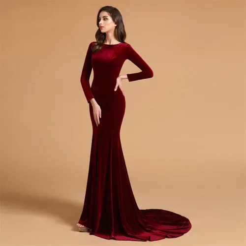 Vista 4 de Joya Cuello Terciopelo Manga Larga Vestidos de baile de Noche Vestidos de Fiesta de Tren Corte de Sirena Vestidos de Fiesta Formal Cremallera Atrás