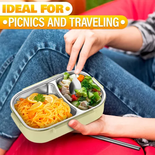 Vista 9 de Contenedor de almuerzo con retención de comida caliente, contenedor de almuerzo de oficina con compartimentos, acero inoxidable y plástico duradero