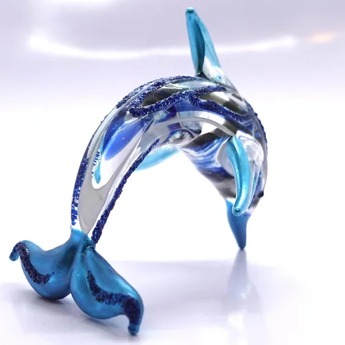 Vista 4 de Figuras en miniatura de delfines animales soplados a mano, arte de vidrio, océano, regalo coleccionable, decoración del hogar, 4 pulgadas (azul)
