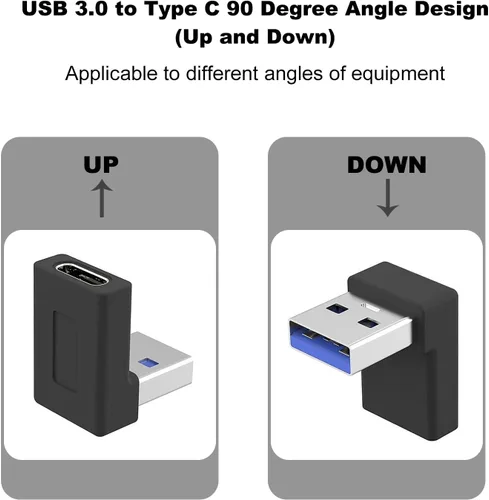 Vista 6 de AreMe Paquete de 2 adaptadores USB A a USB C en ángulo recto de 90 grados Conector USB 3.0 macho a tipo C hembra de ángulo arriba y abajo para PC