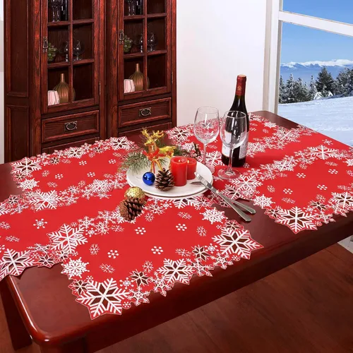 Vista 5 de Caminos de mesa bordados con copos de nieve para Navidad e invierno (rojo, 14 x 34 pulgadas)