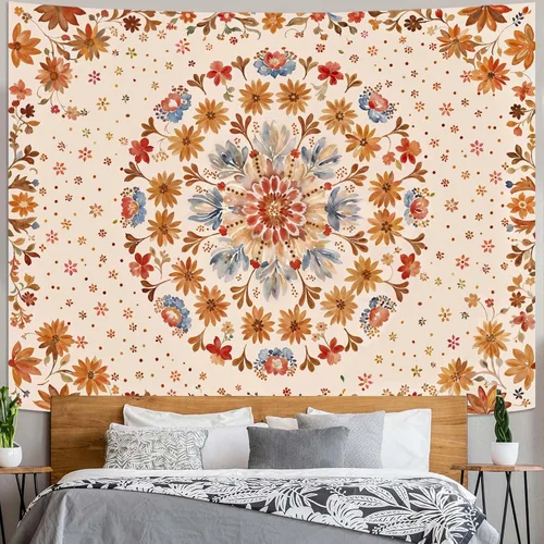 Vista 5 de Fowocu Tapiz bohemio con mandala floral para colgar en la pared, medallón de flores bohemias, tapiz estético, beige, naranja, hippie, indio, pequeño