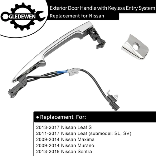 Vista 2 de Manija de puerta del conductor cromada, compatible con Nissan Sentra Murano Maxima Leaf 2009-2018, con sensor y sistema de entrada inteligente sin
