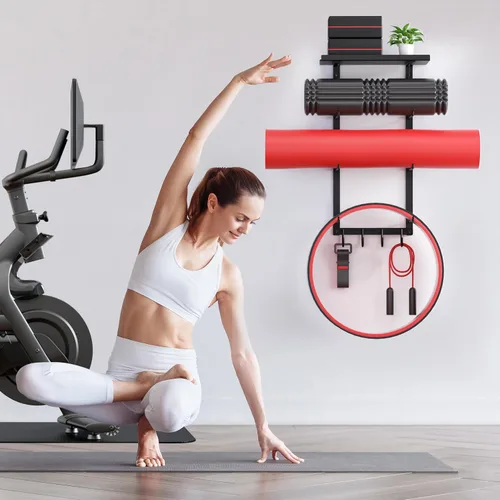 Vista 5 de Soporte de pared para esterilla de yoga, estante de almacenamiento de accesorios de yoga, organizador de accesorios de gimnasio en casa, estante