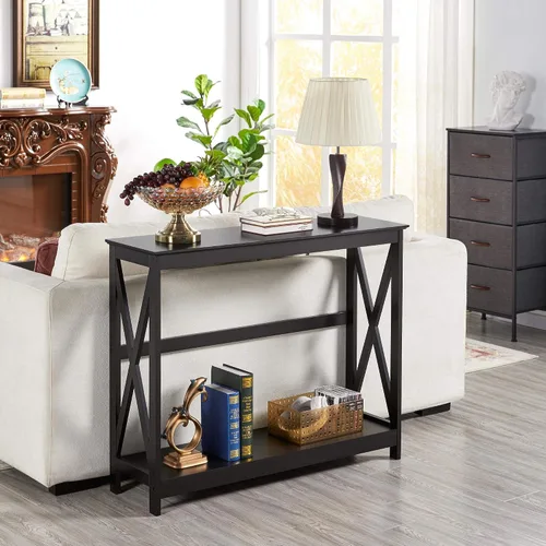 Vista 6 de Yaheetech 2 hileras X Diseño Pasillo Grande mesa consola para entrada con estante de almacenamiento, mueble para sala de entrada (Negro)