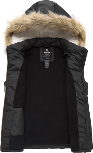 Vista 3 de Wantdo Chaleco grueso de invierno para mujer, acolchado, cálido, con capucha de piel extraíble