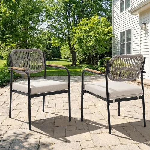 Vista 2 de Juego de 2 sillas de comedor para exteriores, sillas de comedor de mimbre para patio con cojines extraíbles, silla de mesa rectangular para patio