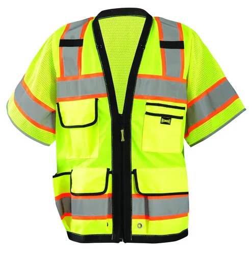 Vista 2 de OccuNomix LUX-HDS2T-OXL - Chaleco de agrimensor de dos tonos sólido/malla de servicio pesado con cremallera, 8 bolsillos, clase 2, 100% poliéster