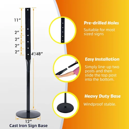 Vista 2 de Kit de poste y base de hierro fundido resistente, soporte de 12 pulgadas con poste de 48 pulgadas y pernos y tuercas para colgar letreros, soporte