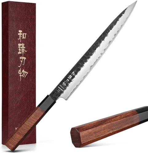 Vista 15 de Juego de cuchillos de cocina 4 piezas, cuchillo de chef de acero revestido Nakiri forjado Santoku, mango octogonal de madera