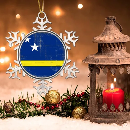 Vista 3 de Curacao Adornos de metal de copo de nieve colgantes para árbol de Navidad, regalo patriótico de recuerdo, adornos de árbol de Navidad, bandera