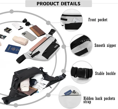 Vista 5 de Riñoneras para hombres y mujeres, bolsa de cintura cruzada delgada, bolsa antirrobo para viajar y entrenar (Negro-02, S)