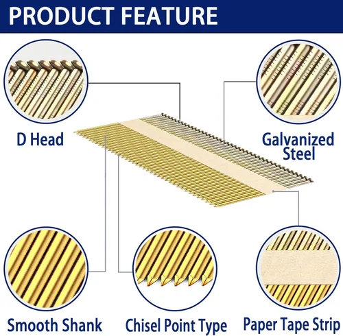 Vista 3 de HW HAMWOO 34° Framing Nails,Smooth Shank,2-1/2",1000Pcs Galvanized Nails,Paper Tape Strip Nails