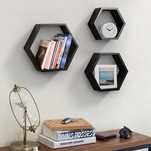 Vista 2 de AHDECOR Estantes flotantes hexagonales montados en la pared, organizador de pared de madera, estante colgante para decoración del hogar, juego de 3
