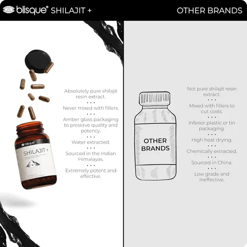 Vista 4 de Blisque Cápsulas de extracto de resina Shilajit orgánica pura del Himalaya Auténtico y natural Grado dorado A Contiene ácido fúlvico