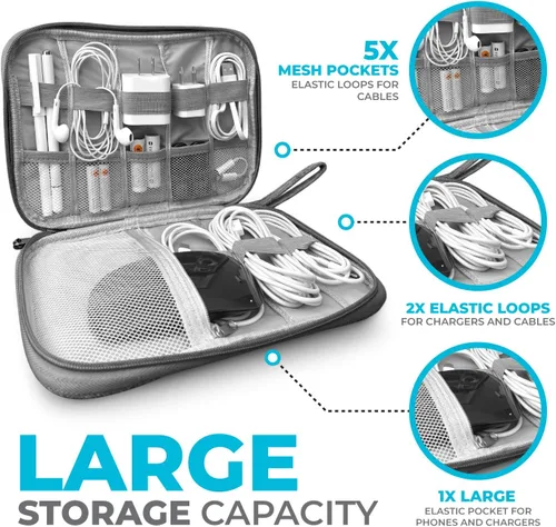 Vista 3 de Bolsa organizadora de cables – Almacenamiento de cable de carga pequeño, cargador, cables, electrónica pequeña, tarjeta SD, almacenamiento de cables