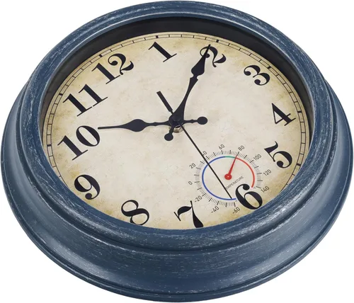 Vista 7 de Relojes para exteriores impermeables con termómetro, reloj de pared costero rústico para patio, piscina, jardín (12 pulgadas, azul)