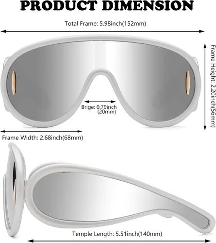 Vista 4 de NULOOQ Gafas de sol de moda con máscara ondulada para mujeres y hombres, de gran tamaño, color plateado, con escudo futurista, estilo de diseñador