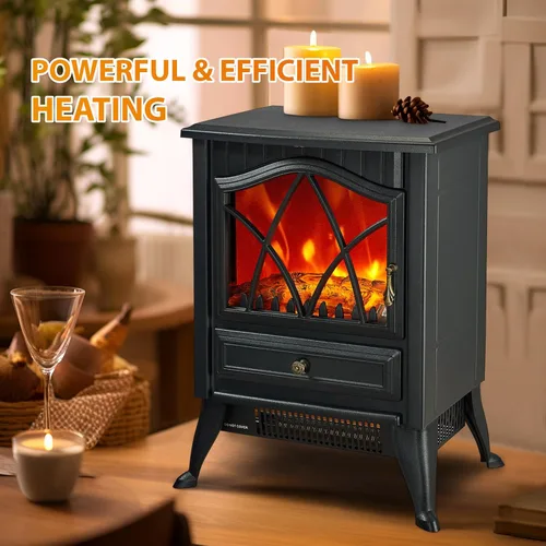 Vista 6 de Calentador eléctrico independiente para estufa de chimenea, 1500 W con efecto de llama LED 3D realista, brillo y termostato ajustables, 2 ajustes